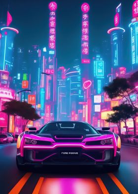 Asian Neon City Sports Car