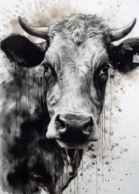 Cow Black Ink Watercolor