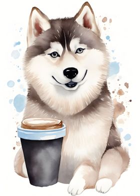 Husky with coffee