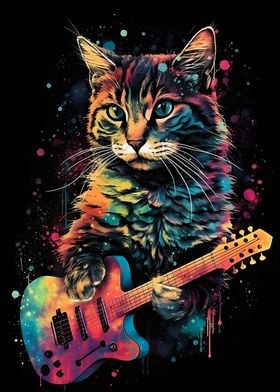 Colorful Cat playing guita