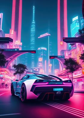 Asian Neon City Sports Car