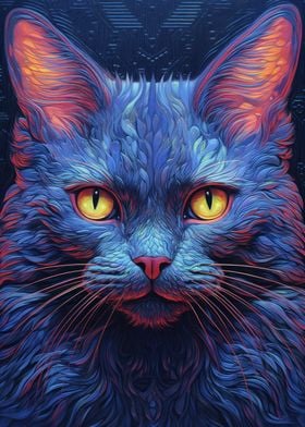 Blue Neon Cat Closeup