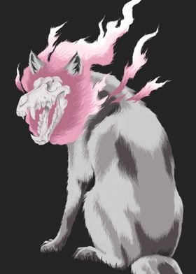 Pink flaming wolf skull