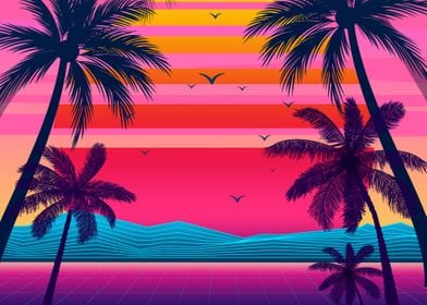Glowing synthwave sunset