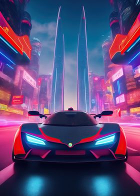 Asian Neon City Sports Car