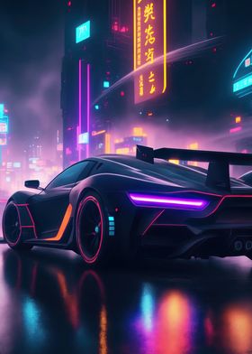 Asian Neon City Sports Car