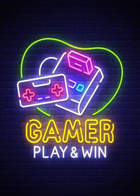 Gamer play and win neon