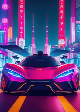 Asian Neon City Sports Car