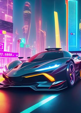 Asian Neon City Sports Car