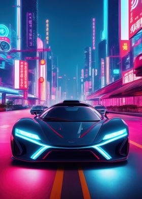 Asian Neon City Sports Car