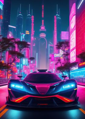 Asian Neon City Sports Car