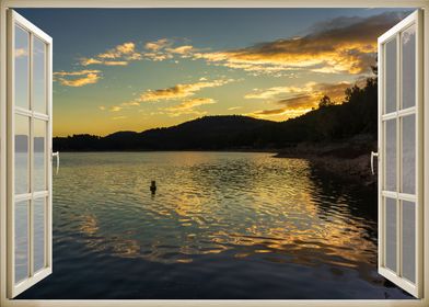 Window view lake sunset