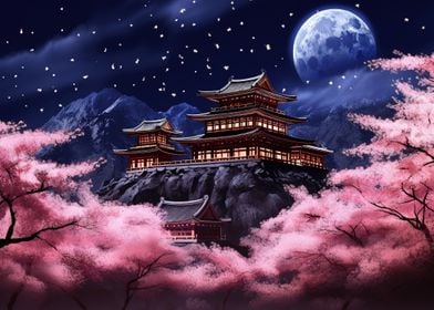 Japanese temple moonlight