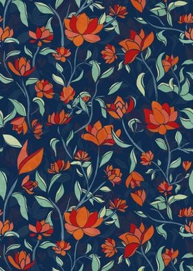 Blue Orange Folk Floral