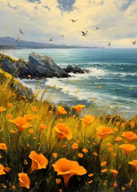 Poppies and ocean