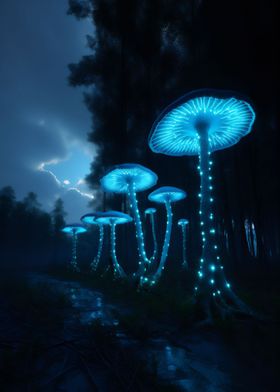 Glowing neon mushrooms