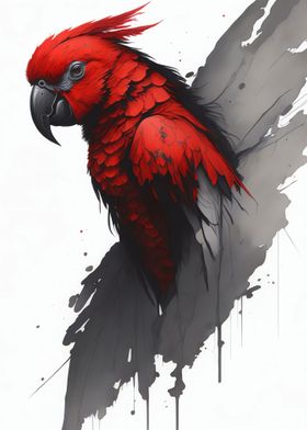 Red Parrot Ink Painting