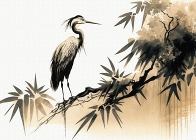 Heron and bamboo tree