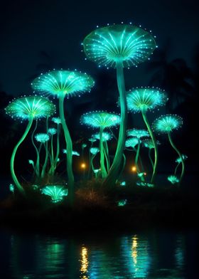 Glowing neon mushrooms