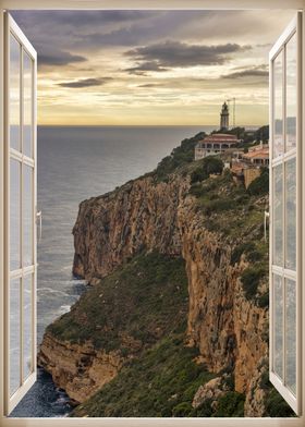 Window view lighthouse sea