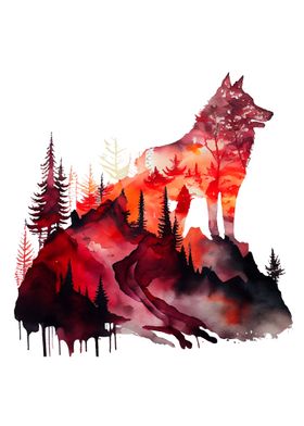 Watercolor Red Wolf