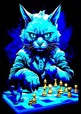 Blue Cat Playing Chess