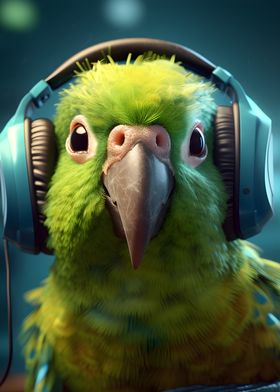 Parrot with headphones