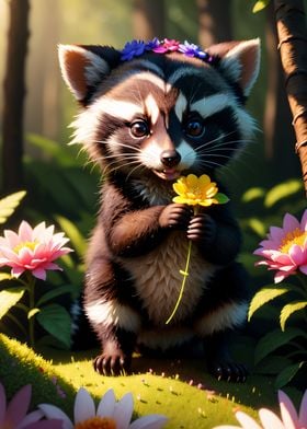 Baby racoon with flower