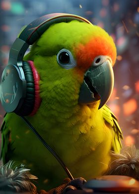 Parrot with headphones