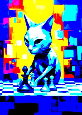 Blue Cat Playing Chess