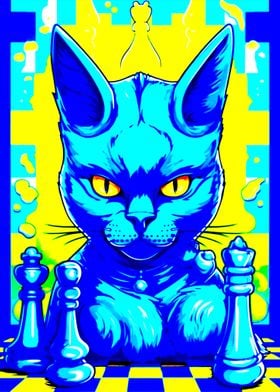 Blue Cat Playing Chess