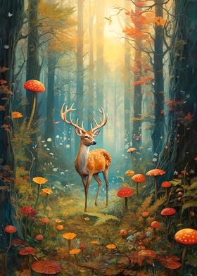 A Deer in Mushrooms Forest