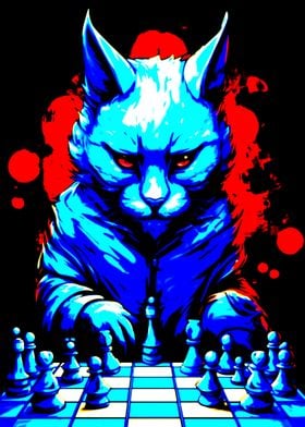 Blue Cat Playing Chess