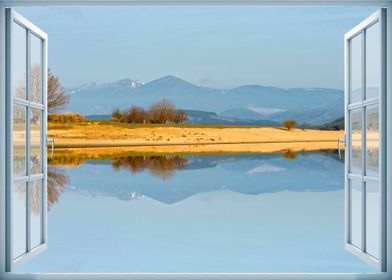 Window view calm lake