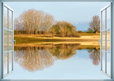 Window view calm lake