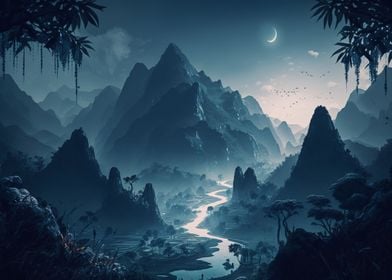 Landscape mountains moon