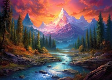 Mountains and lake sunset