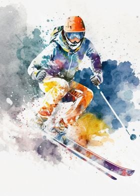 Watercolor sports skiing