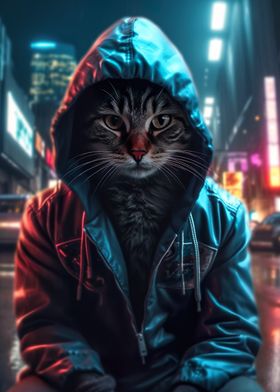 Cat Asian City Night