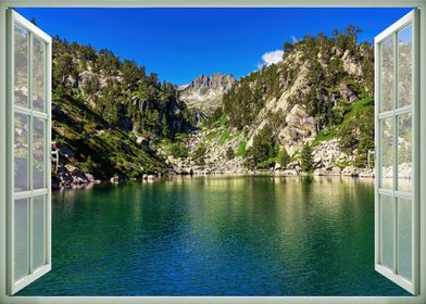 Window view blue lake