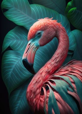 Pink flamingo with leaf