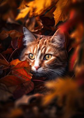 Cat Hides in Autumn Leaves