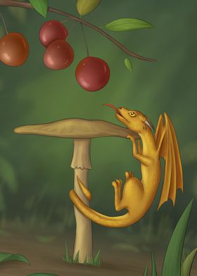 Tiny dragon on a mushroom