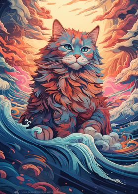 Cat In The Sea Wave