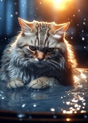 angry cat kitty in water