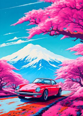 Red cars in cherry blossom