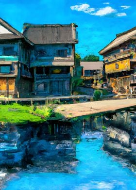 Cabin Village Painting
