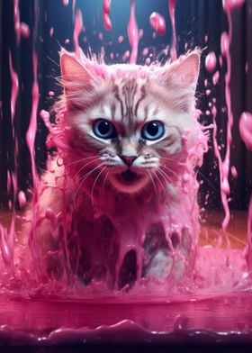 kitty cat in pink liquid