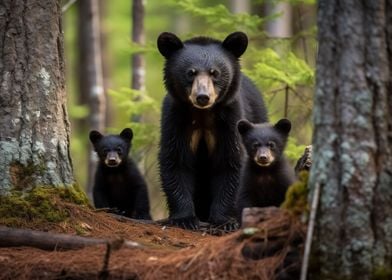 Black Bear With Cubs