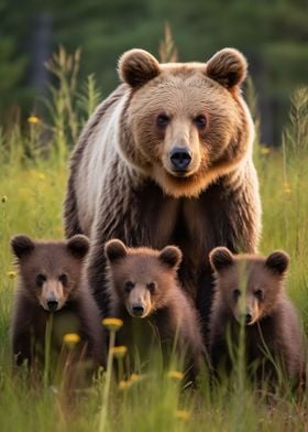 Brown Bear With Cubs